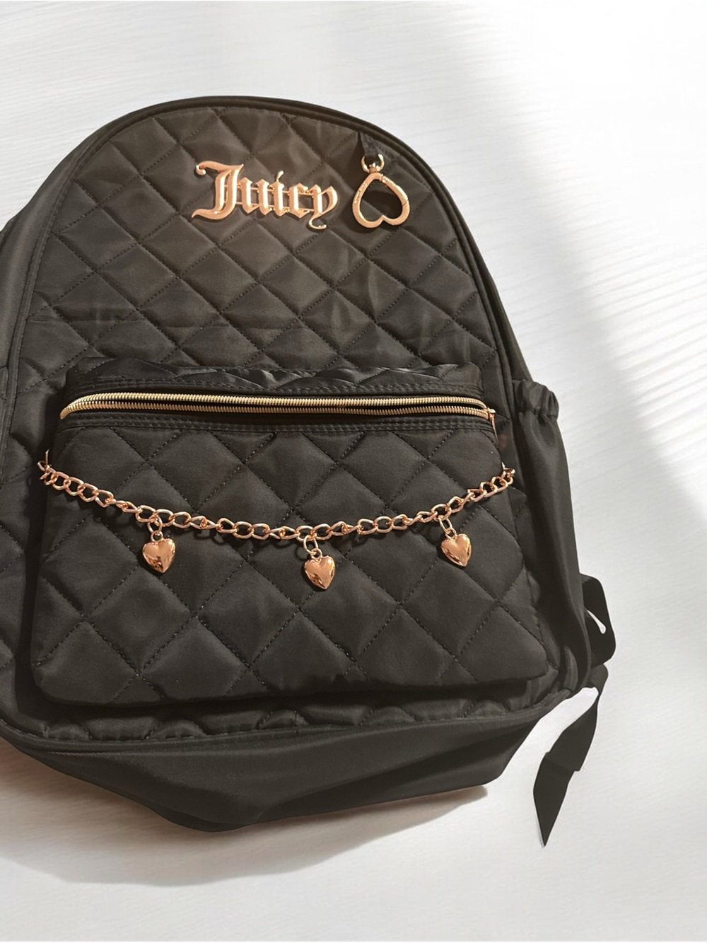 Juicy Couture Black Quilted Backpack with Rose Gold Heart Charm Chain